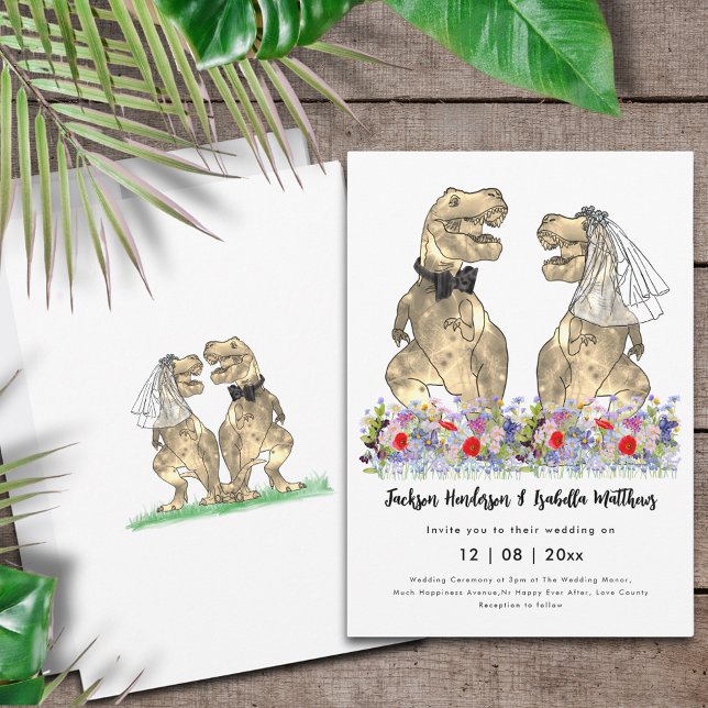 Dinosaur theme Wildflower Wedding Invitation (Dinosaur themed wedding invitation with T-Rex bride and groom with colorful prehistoric wildflowers)