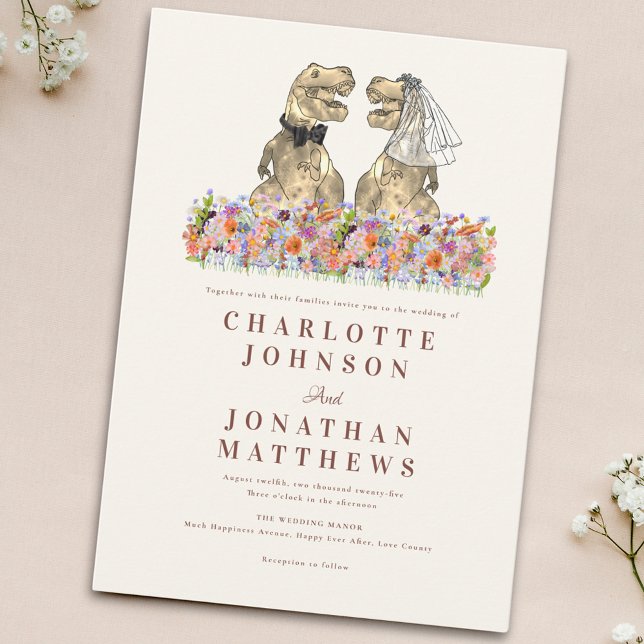 Dinosaur Theme Wildflower Wedding Invitation (Dinosaur themed wedding invitation with boho wildflowers )