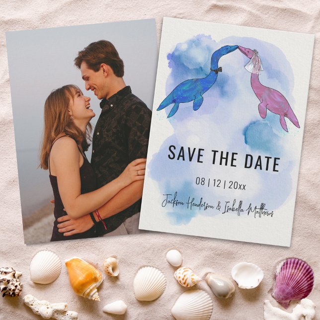 Dinosaur Themed Beach Wedding Photo Save The Date (Dinosaur theme beach wedding photo save the date card Watercolor plesiosaurus bride and groom  )