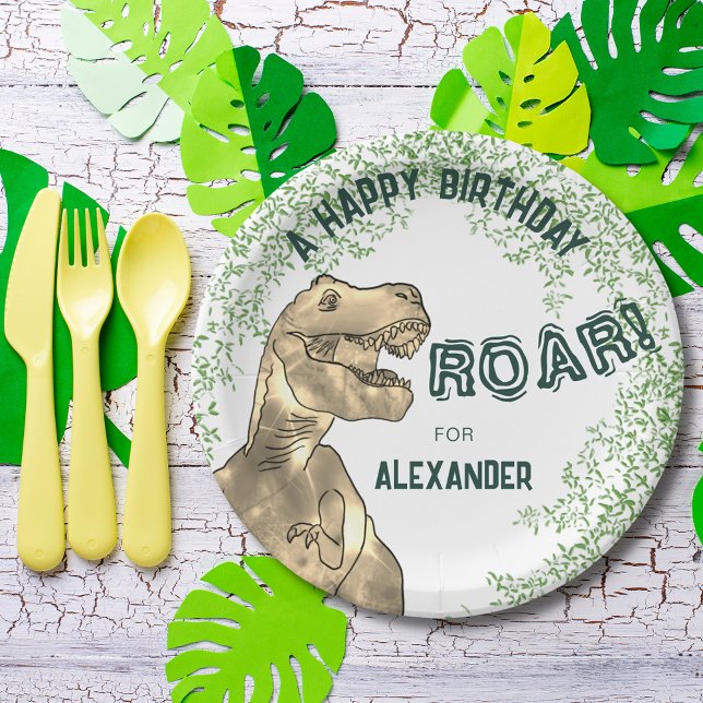 Dinosaur Themed Birthday Party Add Name Paper Plate (Dinosaur jungle T-Rex roar happy birthday party custom paper plate add name )