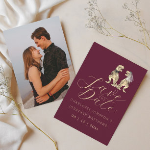 Dinosaur Themed Burgundy Wedding Photo Save The Date
