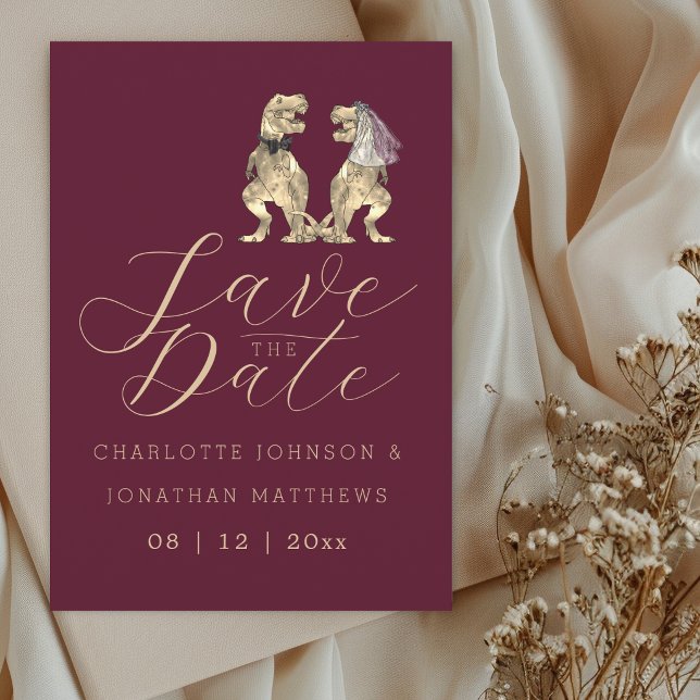 Dinosaur Themed Burgundy Wedding Save The Date (Simple dinosaur theme wedding burgundy save the date card Funny T-Rex bride and groom Jurassic dino)