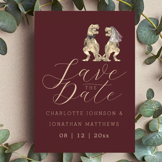 Dinosaur Themed Burgundy Wedding Save The Date (Elegant dinosaur wedding save the date burgundy invitation Funny Jurassic T-Rex bride and groom)