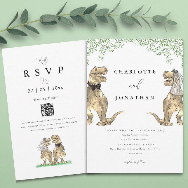 Dinosaur Themed Greenery Wedding Invitation (Boho botanical dinosaur wedding invitation with qr code)