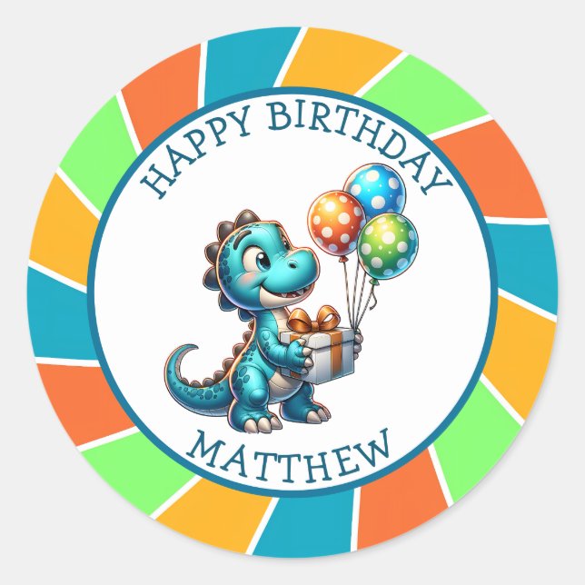 Dinosaur themed Kid's Birthday Party Personalised Classic Round Sticker (Front)