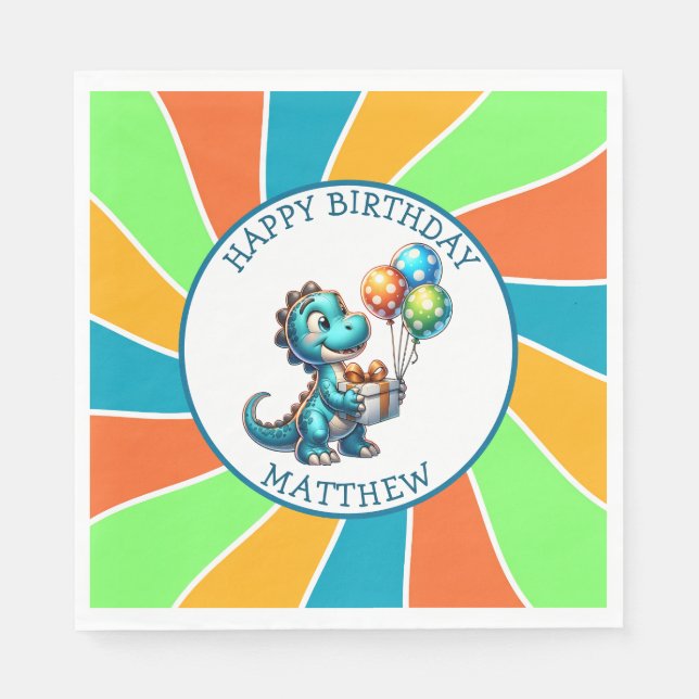Dinosaur themed Kid's Birthday Party Personalised Napkin (Front)