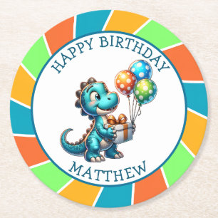 Dinosaur themed Kid's Birthday Party Personalised Round Paper Coaster