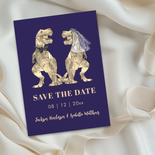 Dinosaur Themed Navy Blue Wedding Save The Date (Funny dinosaur theme navy blue wedding save the date card )