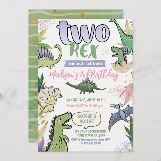 Dinosaur Themed Party 2nd Birthday Invitation (Front/Back)