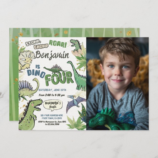 Dinosaur Themed Party 4th Birthday, Dino Four Invitation (Front/Back)