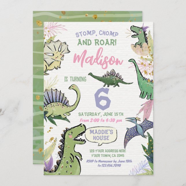 Dinosaur Themed Party Birthday Invitation (Front/Back)