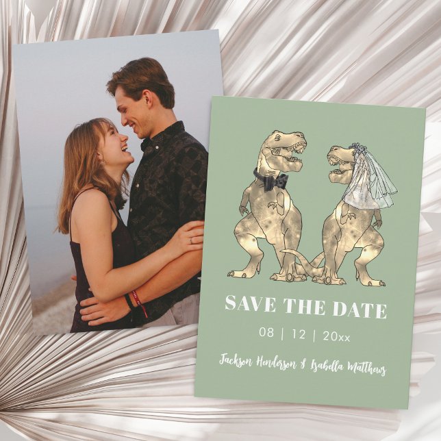 Dinosaur Themed Sage Green Photo Wedding Save The Date (Funny dinosaur bride and groom sage green photo wedding save the date)
