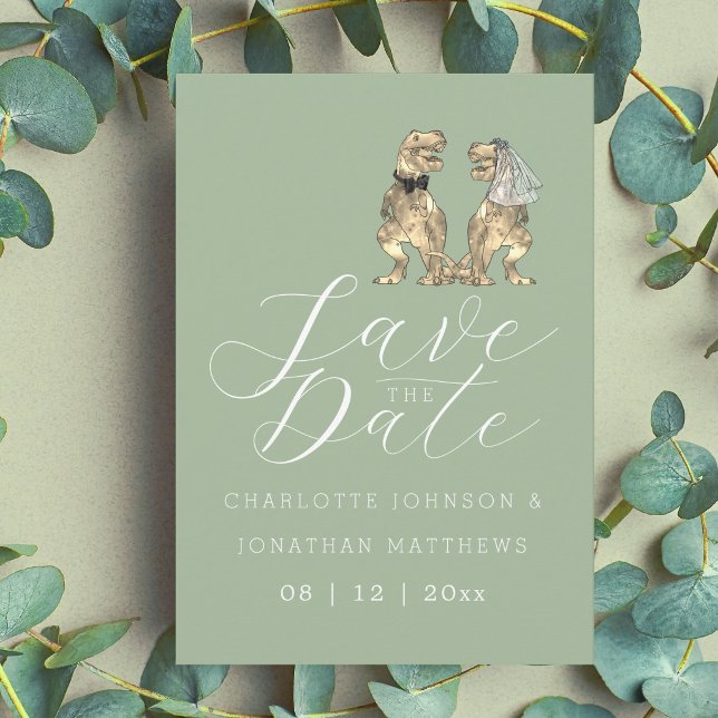 Dinosaur Themed Sage Green Wedding Save The Date (Funny modern dinosaur wedding save the date sage green invitation elegant modern script)