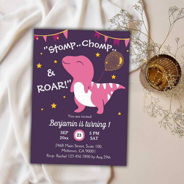 Dinosaur themed Stomp, Chomp & Roar! 1st birthday Invitation (Creator Uploaded)