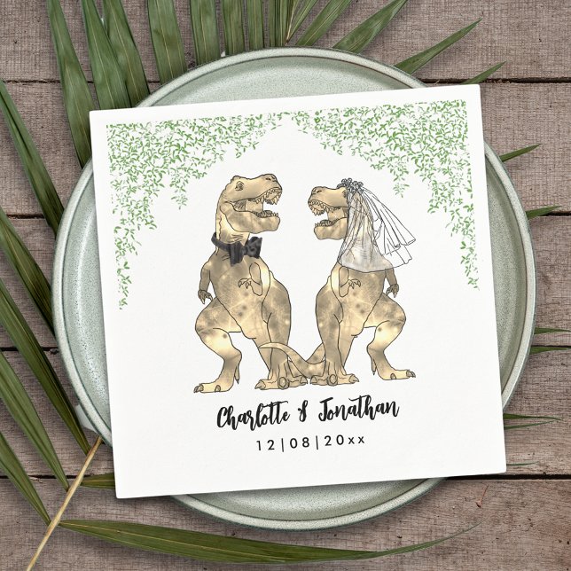 Dinosaur Themed Wedding Custom Napkin (Dinosaur themed wedding with fun T-Rex bride and groom with  Jurassic jungle foliage custom napkin)