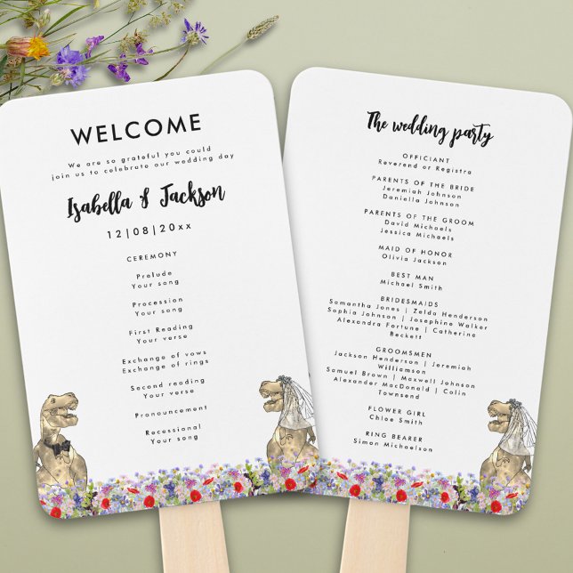 Dinosaur Themed Wedding Day Hand Fan (T-Rex bride and groom funny dinosaur wedding ceremony program fans)