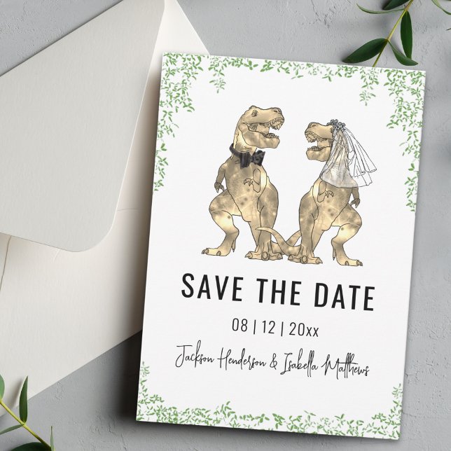 Dinosaur Themed Wedding Green  Save The Date (Funny dinosaur T-Rex bride and groom green foliage wedding save the date card)