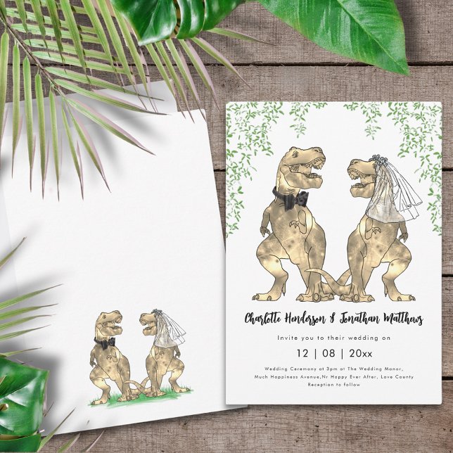 Dinosaur Themed Wedding  Invitation (Dinosaur themed wedding invitation with funny T-Rex bride and groom and jungle foliage)