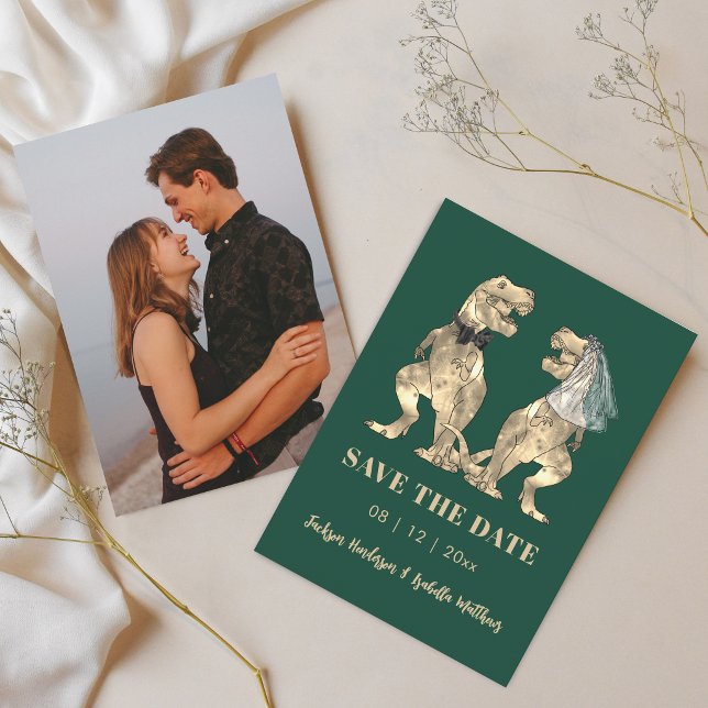 Dinosaur Themed Wedding Photo Green Save The Date (Simple dinosaur theme wedding save the date photo engagement announcement green card)