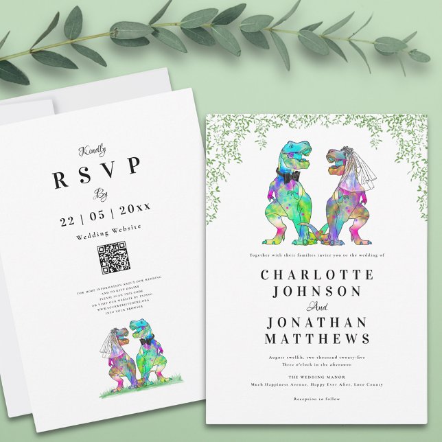 Dinosaur Themed Wedding QR Code Invitation (Botanical dinosaur wedding invitation with qr code and watercolor eucalyptus foliage)