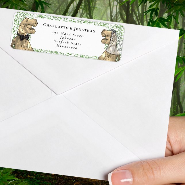 Dinosaur Themed Wedding Return Address Label (T-Rex bride and groom with watercolor eucalyptus foliage dinosaur wedding return address label)