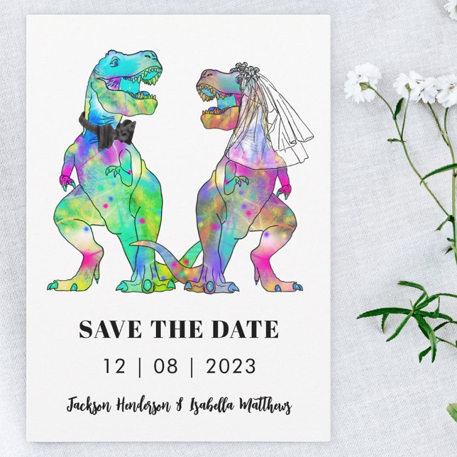 Dinosaur Themed Wedding Save The Date (Dinosaur bride and groom wedding save the date invitation funny colorful T-Rex )