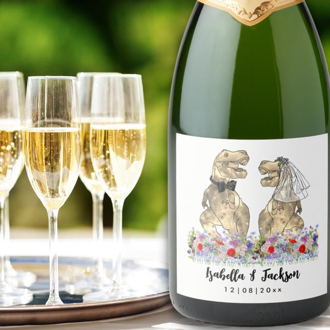 Dinosaur Themed Wedding Sparkling Wine Label (Dinosaur bride and groom custom funny dinosaur wedding sparkling wine label)