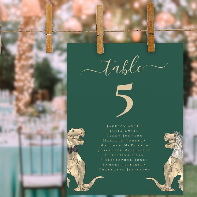 Dinosaur Themed Wedding Table Seating Chart  (Dinosaur wedding dark green custom table chart Elegant script T-Rex dino bride and groom )