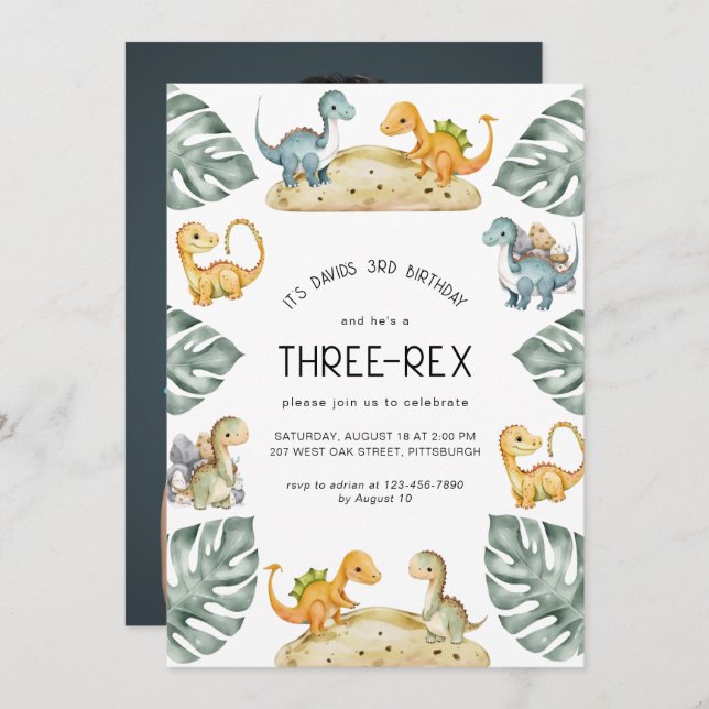 Dinosaur Third Birthday Three-Rex Party Photo Invitation (Front/Back)