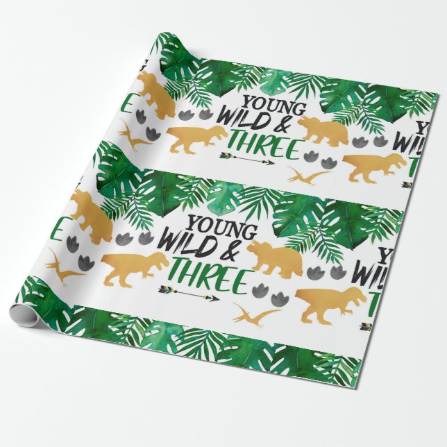 Dinosaur Third Birthday Wrapping Paper (Unrolled)