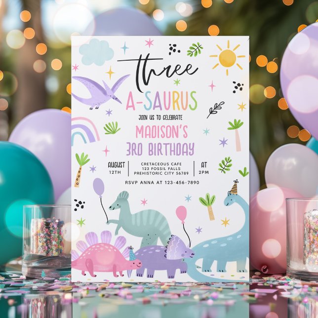 Dinosaur Three-A-Saurs Pink 3rd Birthday Party Invitation (Creator Uploaded)