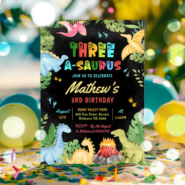 Dinosaur Three-A-Saurus 3rd Birthday Party Invitation (Creator Uploaded)