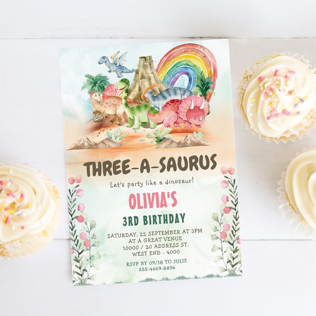 Dinosaur Three-A-Saurus 3rd Birthday Party Invitation (Creator Uploaded)