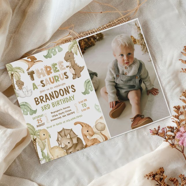 Dinosaur Three-A-Saurus 3rd Birthday Party Photo Invitation (Creator Uploaded)
