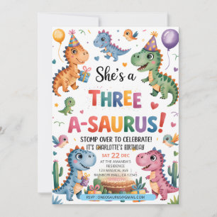 Dinosaur Three A-Saurus 3rd Birthday Party T-Rex Invitation