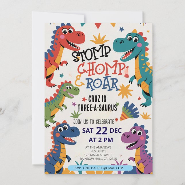 Dinosaur Three A-Saurus 3rd Birthday Party T-Rex Invitation (Front)
