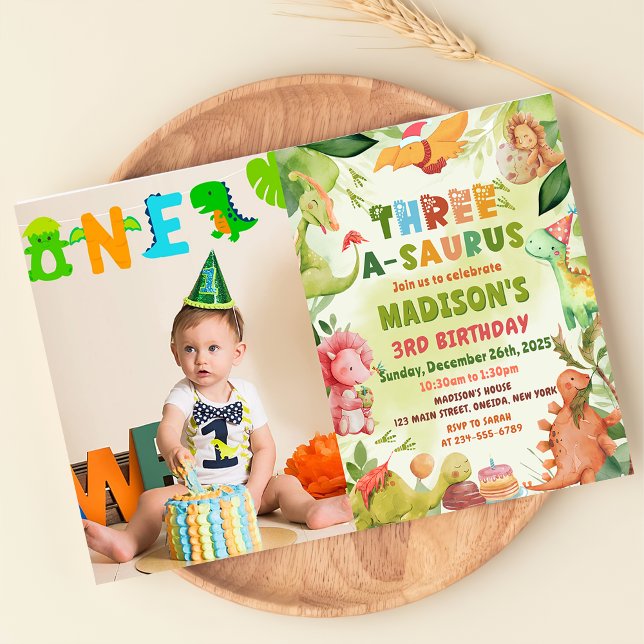 Dinosaur Three-A-Saurus 3rd Birthday Photo Invitation (Creator Uploaded)