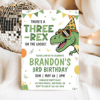 Dinosaur Three Rex 3rd Birthday Invitation