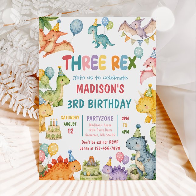 Dinosaur Three Rex 3rd Birthday Party Invitation (Creator Uploaded)