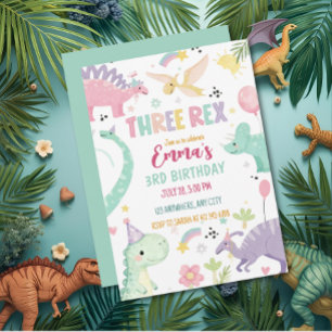 Dinosaur Three Rex 3rd Birthday Party  Invitation