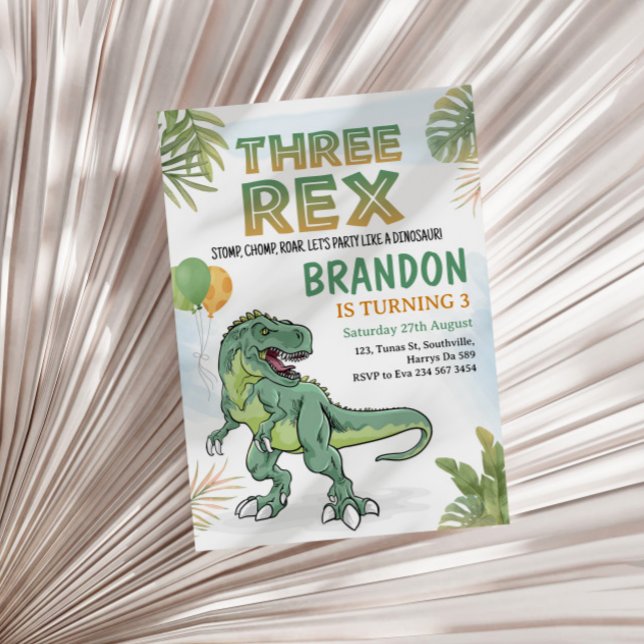 Dinosaur Three Rex 3rd Birthday Party Invitation (Creator Uploaded)