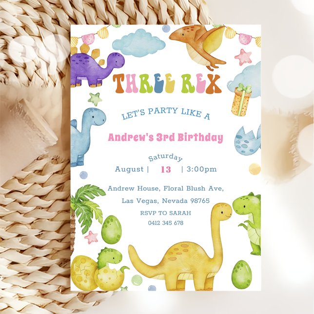 Dinosaur Three Rex 3rd Birthday Party Invitation (Creator Uploaded)