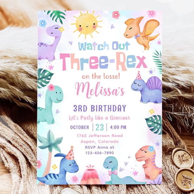 Dinosaur Three Rex 3rd Birthday Party Invitation (Creator Uploaded)