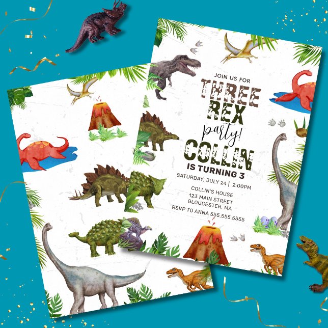 Dinosaur Three Rex 3RD Birthday Party  Invitation (Stomp, roar, and party! Our Three-Rex dinosaur invite is dino-mite fun for turning 3! )