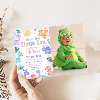 Dinosaur Three Rex 3rd Birthday Party Photo Invitation