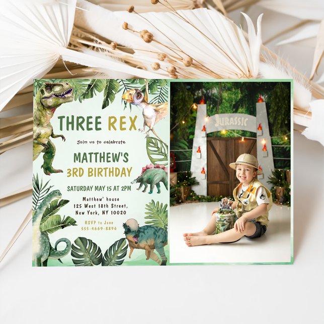 Dinosaur Three Rex 3rd Birthday Party Photo Invitation (Creator Uploaded)