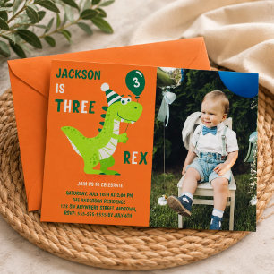 Dinosaur Three Rex 3rd Birthday Photo Invitation