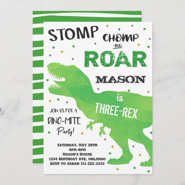 Dinosaur Three-Rex Birthday Invitation (Front/Back)