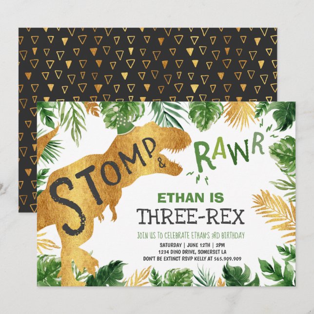 Dinosaur Three-Rex Birthday Invitation Boy Dino (Front/Back)
