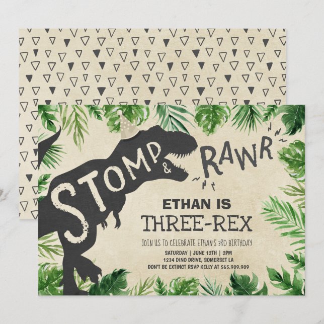 Dinosaur Three-Rex Birthday Invitation Boy Dino (Front/Back)